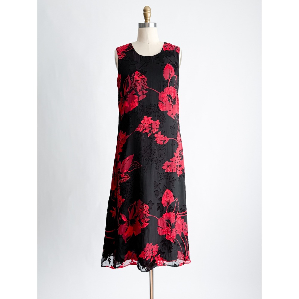 Norm Thompson Midi Dress Floral Burnout Silk Blend 8 Black Red Devore Shift